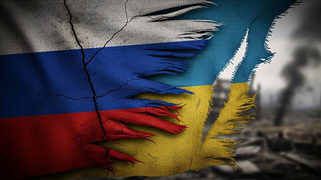 Flags of russia and ukraine torn apart