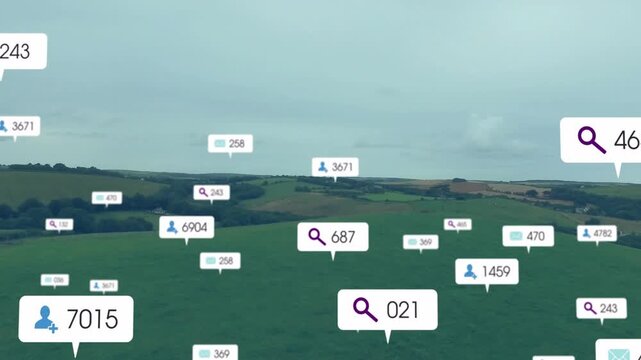 Camera rising showing search user mail icons multiplying then vanishing visualizing data density