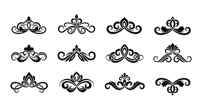 A sophisticated collection of twelve ornate black vintage dividers, perfect for elegant design elements and decorative accents on a clean white background.