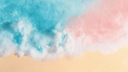 Fototapeta premium Blue and pink powder clouds drift over a pale beige sandy surface. Concept Powder Clouds, Pastel Palette, Sandy Beach Scene, Color Powder Art, Soft Lighting