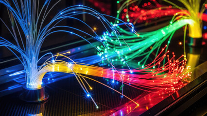 Fiber Optic Cables Glowing with Vibrant Rainbow Colors.
