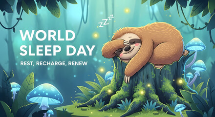 Obraz premium A peaceful sloth rests on a glowing tree stump to celebrate world sleep day