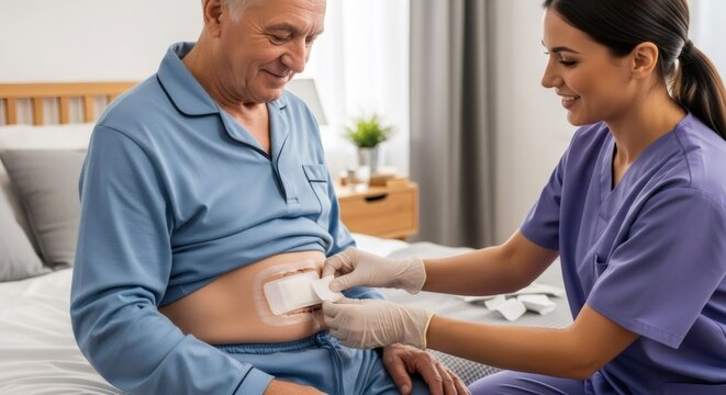 Woman applying bandage to senior mans abdomen. Nurse changing wound dressing for elderly patient at home. Post-surgery recovery and care for older people.