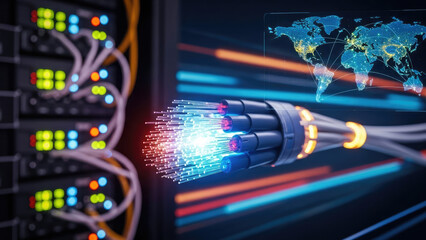 Fiber Optic Cables and Server Racks Representing Global Data Transfer.