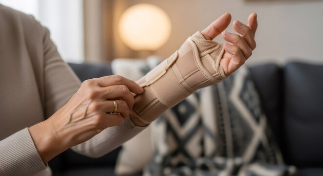 Woman wearing wrist brace for carpal tunnel syndrome. Medical support for hand and arm injury. Elderly care and rehabilitation.