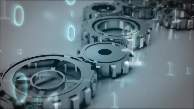 Animation of binary coding over cogs on white backgorund