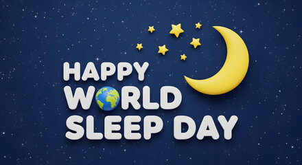 A beautiful illustration for happy world sleep day featuring a crescent moon and stars.