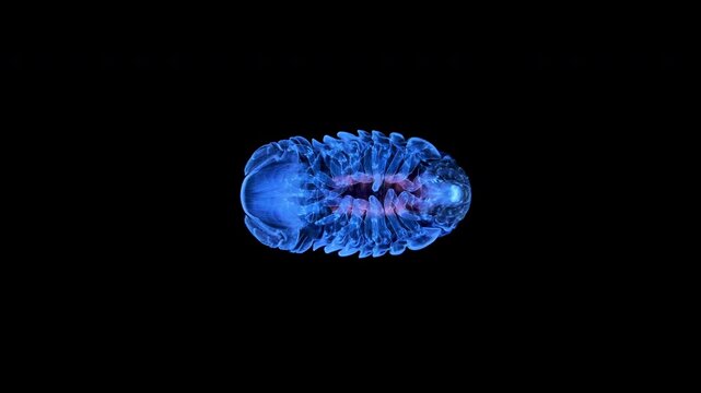 Sea Isopoda under a microscope, family Sphaeromatidae. The video shows underside of body, filmed under ultraviolet light. Sea of Okhotsk