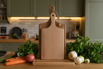 Kitchen Scene with Cutting Boards, Fresh Vegetables, and Herbs
