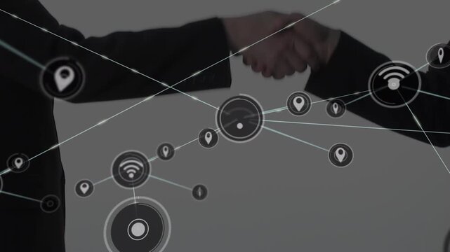 Animation of network of connections with icons over people shaking hands