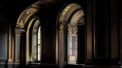 Naklejka premium A dark, opulent Baroque interior with gold-gilded arches, ornate moldings and tall gilded columns. Concept Baroque Interior, Gold Gilded Arches, Ornate Moldings, Dramatic Lighting