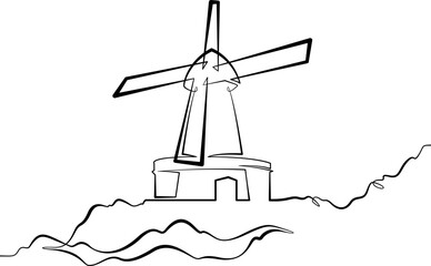 Continuous single line drawing windmill. An old mill in the landscape. Linear.One continuous line isolated minimalist illustration. Not AI.