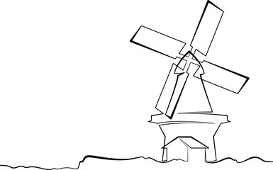 Continuous single line drawing windmill. An old mill in the landscape. Linear.One continuous line isolated minimalist illustration. Not AI.