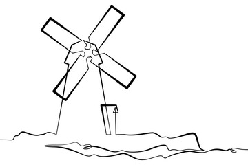 Continuous single line drawing windmill. An old mill in the landscape. Linear.One continuous line isolated minimalist illustration. Not AI.