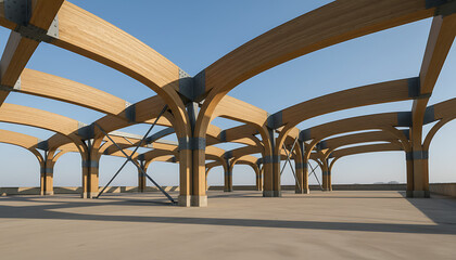 Modern sustainable architecture featuring curved glued-laminated timber beams and steel connectors under a clear blue sky