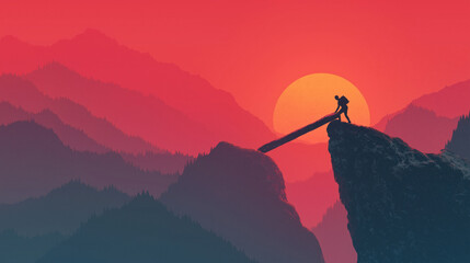 Silhouette of businessman building wooden log bridge across mountain cliff gap at sunset. Problem solving, crisis management and strategy concept art