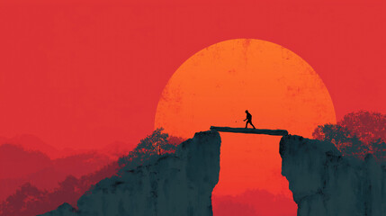 Silhouette of businessman  on wooden bridge connecting two cliffs at sunset. Business solution strategy and bridging the gap concept art