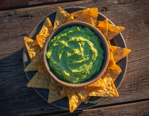 Bowl of fresh guacamole dip with tortilla chips