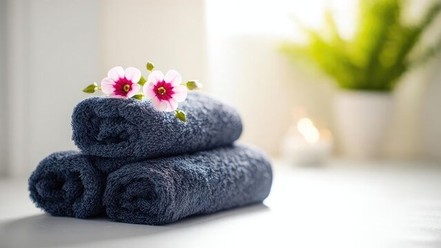 Two dark blue towels folded and stacked with pink-centered white flowers on top in a calm spa setting. Concept Spa decor, Folded dark blue towels, Pink-centered white flowers, Serene ambiance