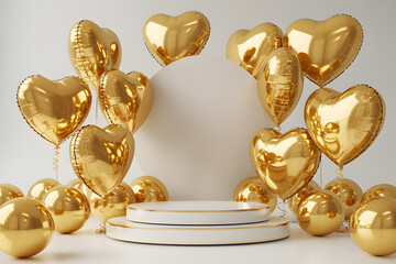 Golden Heart Balloons and Spheres Surround a White Display Stand