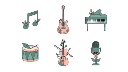 Stylized musical instruments and note adorned with natural floral elements featuring pastel pink and teal colors.