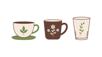 Stylized earthytoned beverage cups and glass with botanical leaf and floral designs.