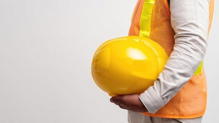 A construction worker wearing a high-visibility orange safety vest holding a yellow hard hat. Concept Construction Site, Orange Safety Vest, Yellow Hard Hat, PPE, Industrial Worker