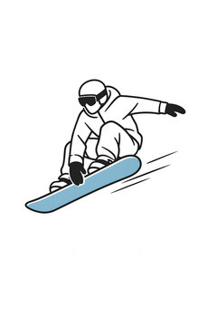 Slopestyle snowboarding print logotype. Abstract silhouette of snowboarder jump trick in air snowboard on white background. 