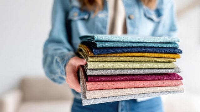 A person in a denim jacket holding a colorful stack of folded fabric swatches. Concept Denim jacket fashion, Colorful folded fabric swatches, Casual portrait with props, Texture and color focus