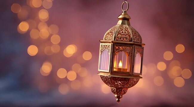 Ramadan lantern with candle flame on pink rose bokeh background