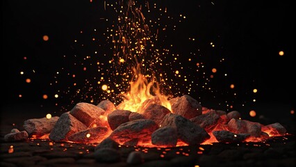 3D Burning embers glowing. Fire Glowing Particles on Black Background

