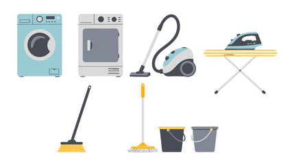 Vibrant Flat Design Household Cleaning and Laundry Appliances and Tools Collection.
