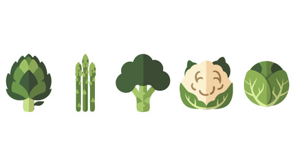Vibrant Flat Design Vegetable Collection Featuring Artichoke Asparagus Broccoli Smiling Cauliflower and Cabbage.