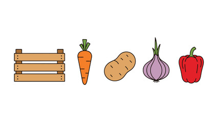 Vibrant flat vector illustration of fresh produce wooden crate orange carrot potato purple onion red bell pepper.