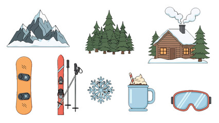 Vibrant Winter Season Icons Mountains Cabin Skis Snowboard Hot Chocolate Goggles.