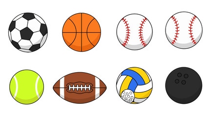 Vibrant cartoon sports balls collection soccer basketball baseball tennis football volleyball bowling.