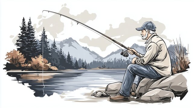 man fishing on lake, sitting on rock at water edge, side view, holding fishing rod angled toward water, simple relaxed pose, calm outdoor leisure activity in nature, simple lifestyle scene