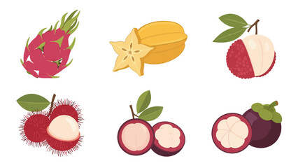 Vibrant tropical fruit collection dragon fruit star fruit lychee rambutan mangosteen diverse colors and textures.