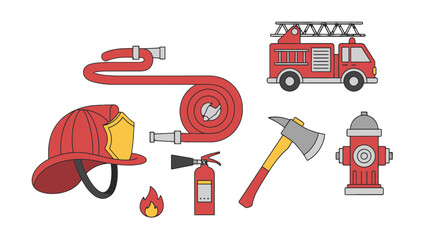 Vibrant flat cartoon firefighting equipment set red truck helmet hose axe extinguisher hydrant and flame.