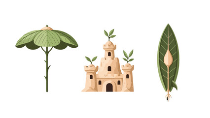 Whimsical natureobject fusion vector illustrations leafy umbrella sprouting sandcastle and rootended surfboard leaf.