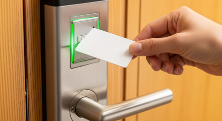 Hand inserting a blank access card into an electronic door lock with a green indicator light, representing security and access control.
