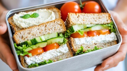 Healthy Lunchbox Delight: Freshly prepared sandwiches, filled with vibrant vegetables and creamy spreads, are packed in a neat lunchbox, showcasing the joy of wholesome, homemade meals.