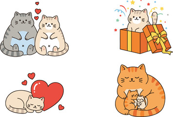 Set of cute kawaii cat vector illustrations featuring cats in love, a kitten in a gift box, and a mother cat with kittens isolated on white background. © mstLilima