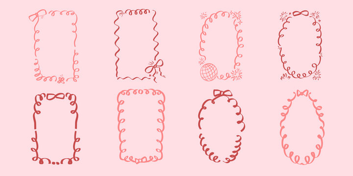 Bachelorette disco ball whimsical frames. Coquette borders with bows set. Ribbon and lace squiggle menu. Vector wedding frame isolated on pink girly background. Christmas or festive promo text boxes.
