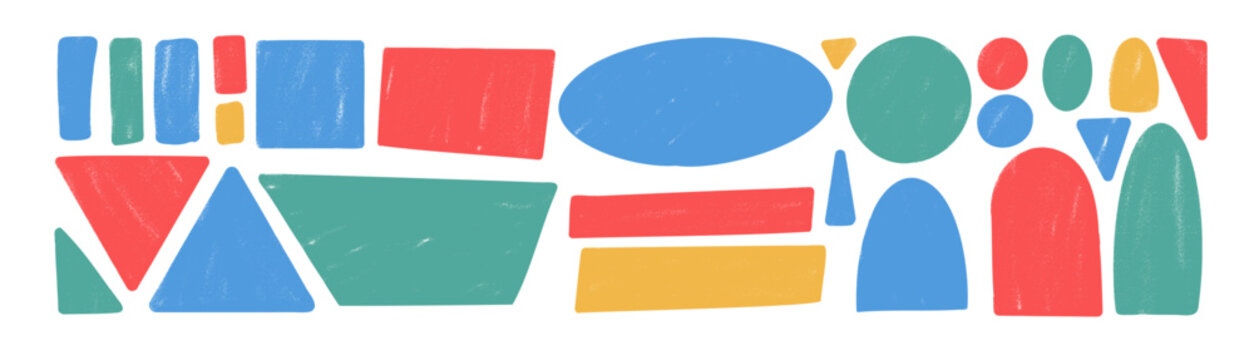 Paint spray geometric shapes kids set. Text boxes grainy textured borders. Circle, arch, highlights text and square figures. Vector hand drawn school stickers shapes. Grunge geometry callout figures.