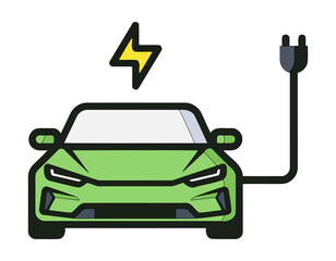 A stylized illustration of a green electric car charging