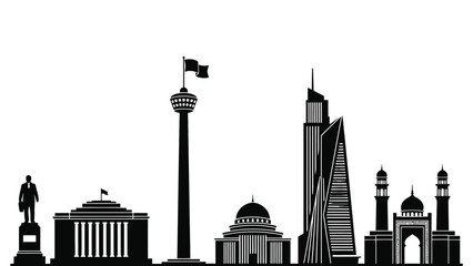 Obraz premium A black and white illustration of a city skyline with various buildings and landmarks