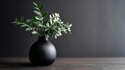 Naklejka premium A matte black round vase with green leafy branches on a dark wooden table. Concept Matte black round vase centerpiece, Green leafy branches, Dark wooden table styling