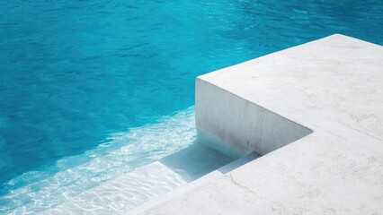 White concrete pier or jetty with a stepped edge extending into clear turquoise water. Concept White concrete jetty with stepped edge, Turquoise water, Calm coastal scene