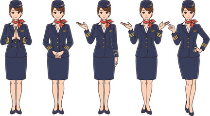 Set of professional flight attendant characters in blue uniform and cap performing various hospitable gestures for airline travel and aviation services.